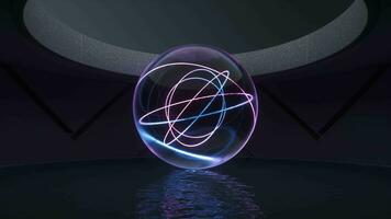 Glowing neon lines and glass ball floating on the water, 3d rendering. video