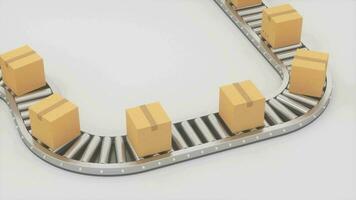 Boxes moving on the conveyor belt, 3d rendering. video