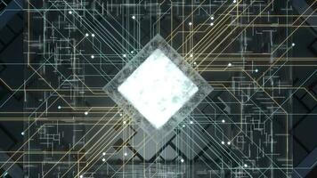 Luminous cube and circuits, black cubes, 3d rendering. video