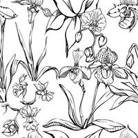 Hand drawn vector ink orchid flowers and branches, monochrome, detailed outline. Seamless pattern with crystal forms. Isolated on white background. For wall art, wedding, print, tattoo, cover, card.