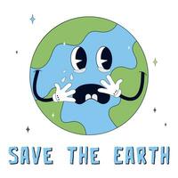 Retro groovy cartoon style earth planet.Earth Day.70s. Save the Earth. Cartoon cute earth planet character. Concept of World Environment Day in retro style. World Environment Day vector