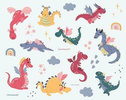 Set of cute hand drawn dragons. White background, isolate. vector