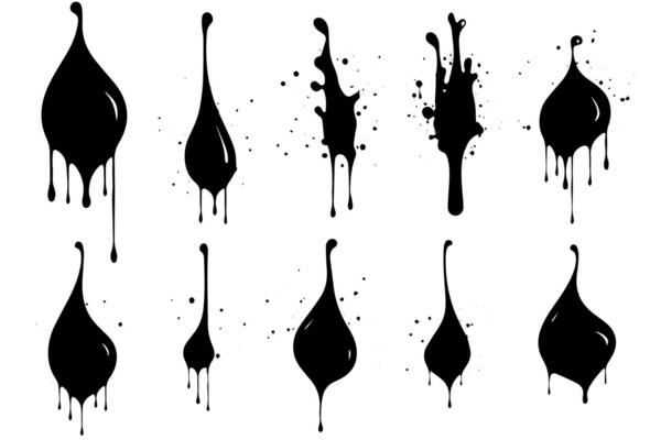 Vector set of ink splashes. Black inked splatter dirt stain splattered spray splash with drops blots isolated.