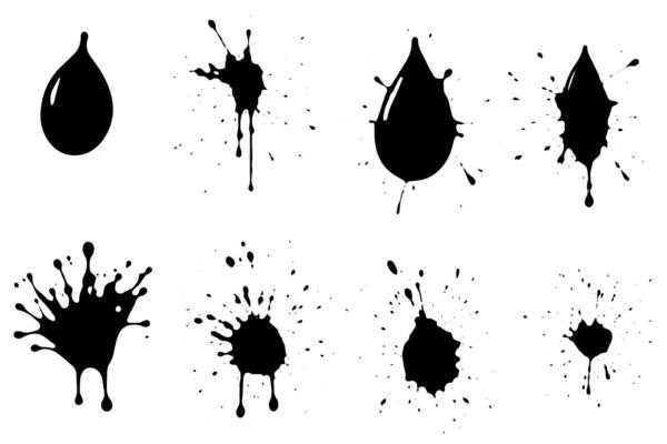 Vector set of ink splashes. Black inked splatter dirt stain splattered spray splash with drops blots isolated.