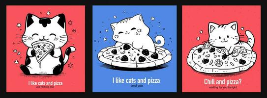 Set of prints with cats and pizza on red and blue background. Template for posts to social networks. Banner for advertising, cover for menu. vector