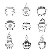 Set of boiling magic cauldron. Hand drawn vector illustration isolated on white background.