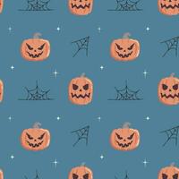 Seamless pattern with cute pumpkin, spider web, stars on blue background. Cartoon flat vector style. Baby texture for fabric, wrapping, textile, wallpaper, clothing, greeting cards.