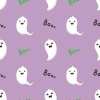 Seamless pattern with cute cartoon ghosts. White ghosts on purple background. Halloween illustration.  Background for wrapping paper, greeting cards and seasonal designs. vector