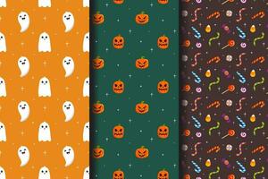 Set of Halloween seamless patterns. Baby background for t-shirt print, packaging, wrapping paper, etc.  Cute pumpkin and smiling ghost, sweets. vector