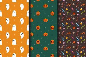 Set of Halloween seamless patterns. Baby background for t-shirt print, packaging, wrapping paper, etc.  Cute pumpkin and smiling ghost, sweets. vector