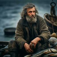 a man sitting on a boat with fish photo