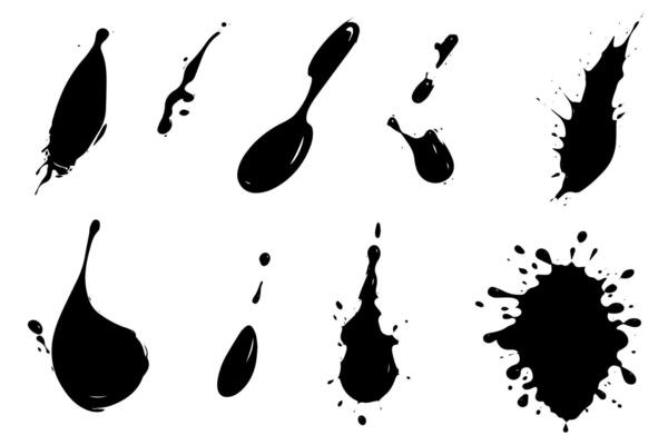 Vector set of ink splashes. Black inked splatter dirt stain splattered spray splash with drops blots isolated.
