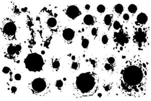 Vector set of ink splashes. Black inked splatter dirt stain splattered spray splash with drops blots isolated.