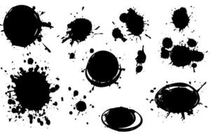 Vector set of ink splashes. Black inked splatter dirt stain splattered spray splash with drops blots isolated.