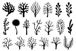 Hand drawn set of corals and seaweed silhouette isolated on white background. Vector icons and stamp illustration.