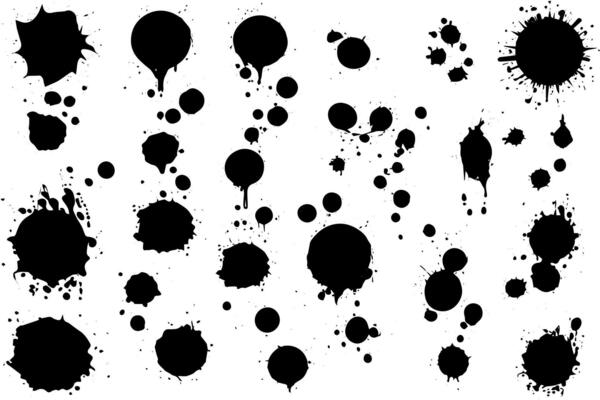 Vector set of ink splashes. Black inked splatter dirt stain splattered spray splash with drops blots isolated.