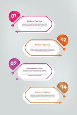 Vertical four step project overview infographic template with arrow and number in a folded oval shape
