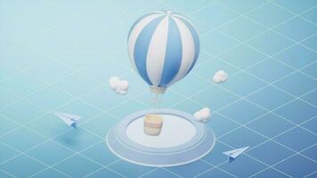 Loop animation of blue cartoon hot air balloon, 3d rendering. video