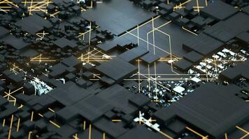 Circuits and cubes with dark background, 3d rendering. video