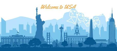 usa famous landmarks silhouette style with blue and white color vector