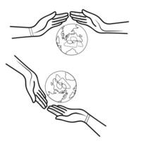 world protect by hand line art design Continuous line drawing of hands holding Earth globe. vector