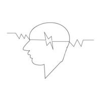 Continuous line Art drawing of head with charging power and lightning battery level. Mental health and mindfulness concept in simple linear style vector