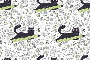 Seamless pattern in doodle style with funny cat for school subject language. Background for educational stationery and textiles. vector