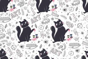 Seamless pattern in doodle style with funny cat for school subject art history. Background for educational stationery and textiles. vector