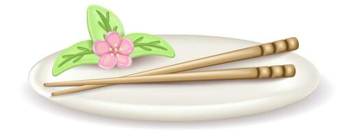 3d realistic empty plate decorated with sakura flower. Serving dish with hashi. vector