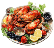 Summer Meal Fresh Seafood Delight - Delicious Shrimp and Prawn Feast, with herbs, lemons, corianders, and olives. Watercolor Illustration, Transparent Background AI Generative png