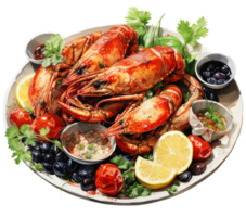 verano comida Fresco Mariscos deleite - delicioso camarón y gamba banquete, con hierbas, limones, cilantro, y Olivos. acuarela ilustración, transparente antecedentes ai generativo png