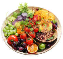 vegetariano verão refeição, colorida e delicioso à base de plantas refeição, saudável comida, verão salada ingredientes, doce batatas, abacates, limões, tomates, coentro, aguarela ilustração ai generativo png