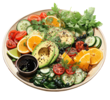 vegetarisch zomer maaltijd, kleurrijk en heerlijk plantaardig maaltijd, gezond voedsel zomer salade ingrediënten, zoet aardappelen, avocado's, limoenen, tomaten, koriander, waterverf illustratie ai generatief png
