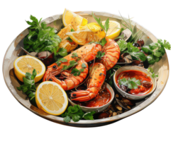 estate pasto fresco frutti di mare diletto delizioso gamberetto e gamberetto festa, con erbe aromatiche, limoni, coriandoli, e olive. acquerello illustrazione, trasparente sfondo ai generativo png