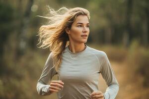 Woman jogging outdoors, maintaining a healthy lifestyle through regular exercise AI Generative photo