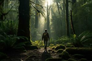 un persona es capturado en un sincero, terapéutico momento, caminando atentamente mediante un lozano bosque ai generativo foto