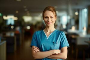 female nurse smiling in a hospital, embodying the dedication and healthcare professionals AI Generative photo