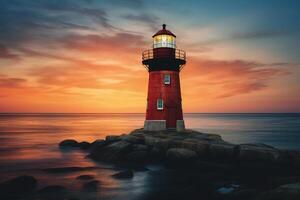 Rustic old lighthouse at dusk, standing tall as a beacon of guidance for mariners AI Generative photo