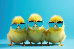 Tres amarillo polluelos con azul Gafas de sol estallido, estudio azul antecedentes. Pascua de Resurrección concepto ai generativo foto