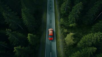 parte superior ver de rojo coche en bosque autopista ai generativo foto