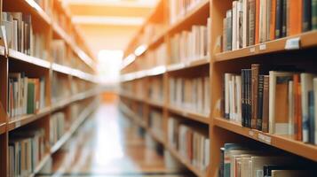 blurred empty college library interior space with bookshelves AI Generative photo