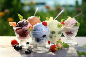 ice cream, different flavours in a glass bowls, sunny garden background AI Generative photo