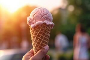 closeup photo of hand holding fresh pink ice cream, wafle cone, on blur background, with sunlight in summer day AI Generative