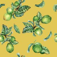 Branch of tree and single guava fruit watercolor seamless pattern isolated on yellow background. Green leaves, flowers of guajava hand drawn. Design for wrapping, packaging, fabric, paper, textile vector