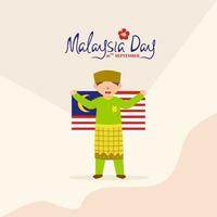 Cute boy holding flag to celebrate Malaysia day. Happy Malaysia day poster with hand writing. Cartoon faceless style. vector