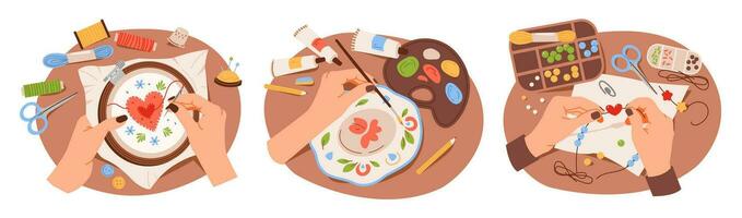 Craft handmade hobbies. Beading, embroidery, painting of clay products. Human hands doing various craft activities. Flat vector illustration.