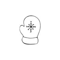 Hand-drawn winter mitten with a snowflake on it. Doodle element on white. background. Christmas Vector illustration