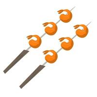 Shrimp skewers. For a picnic. Icon. The object is isolated on a white background. Vector illustration.