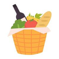 Shopping cart with products. For a picnic. Icon. The object is isolated on a white background. Vector illustration.