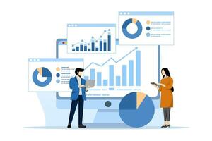 business team analysis and monitoring concept on web report dashboard monitor. data analysis research flat vector illustration design for business financial planning concept, flat vector illustration.